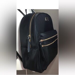 kate spade LARGE  Black NYLON BACKPACK with METAL DESIGNER TAG GOLD ZIPPERS EUC